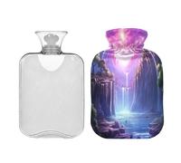 SKYSHU Hermosa botella de agua caliente de cascada, bolsa de agua caliente transparente a prueba de fugas, lavable, resistente al calor, con funda de felpa suave para calambres menstruales, cuello y