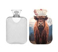 SKYSHU Highland Cow - Botella de agua caliente transparente a prueba de fugas de 1 litro, lavable, resistente al calor, con funda de felpa suave para calambres menstruales, alivio del dolor de cuello