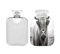 SKYSHU Highland Cow - Botella de agua caliente transparente a prueba de fugas de 1 litro, lavable, resistente al calor, con funda de felpa suave para calambres menstruales, alivio del dolor de cuello