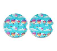 SKYSHU Juego de 2 posavasos redondos de globo aerostático para bebidas, soporte de taza de cerámica absorbente con base de corcho y agarre para la punta de los dedos para una fácil limpieza en