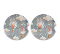 SKYSHU Juego de 2 posavasos redondos de gnomo de globo aerostático para bebidas, soporte de taza de cerámica absorbente con base de corcho y agarre para la punta de los dedos para una fácil limpieza