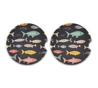 SKYSHU Juego de 2 posavasos redondos de pescado para bebidas, soporte de taza de cerámica absorbente con base de corcho y agarre para la punta de los dedos para una fácil limpieza en movimiento, 2.5