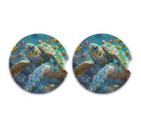 SKYSHU Juego de 2 posavasos redondos de tortuga marina para bebidas, soporte de taza de cerámica absorbente con base de corcho y agarre para la punta de los dedos para una fácil limpieza en movimiento