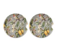 SKYSHU Juego de 2 posavasos redondos para coche con diseño de pájaro y flor de limón, soporte de taza de cerámica absorbente con base de corcho y agarre para la punta de los dedos para una fácil