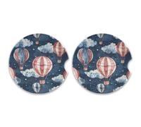 SKYSHU Juego de 2 posavasos redondos para coche con globo de aire caliente para bebidas, soporte de taza de cerámica absorbente con base de corcho y agarre para la punta de los dedos para una fácil