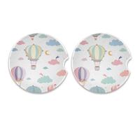 SKYSHU Juego de 2 posavasos redondos para coche con globo de aire caliente para bebidas, soporte de taza de cerámica absorbente con base de corcho y agarre para la punta de los dedos para una fácil