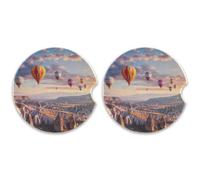 SKYSHU Juego de 2 posavasos redondos para coche con globo de aire caliente para bebidas, soporte de taza de cerámica absorbente con base de corcho y agarre para la punta de los dedos para una fácil