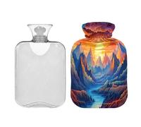 SKYSHU Nature Mountain - Botella de agua caliente transparente de 1 litro, a prueba de fugas, lavable, resistente al calor, con funda de felpa suave para calambres menstruales, alivio del dolor de
