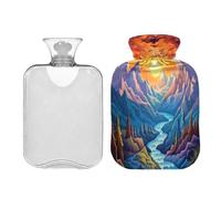 SKYSHU Nature Mountain - Botella de agua caliente transparente de 1 litro, a prueba de fugas, lavable, resistente al calor, con funda de felpa suave para calambres menstruales, alivio del dolor de