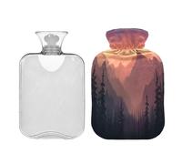SKYSHU Nature Mountain - Botella de agua caliente transparente de 1 litro, a prueba de fugas, lavable, resistente al calor, con funda de felpa suave para calambres menstruales, alivio del dolor de
