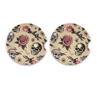 SKYSHU Old School Tattoo - Juego de 2 posavasos redondos de coche para bebidas, soporte de taza de cerámica absorbente con base de corcho y agarre para la punta de los dedos para una fácil limpieza en