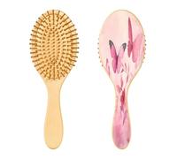 SKYSHU Pink Butterflies - Cepillo de madera natural con cómodas cerdas de madera, cepillo ovalado para desenredar y peinar para mujeres, hombres y niños, todo tipo de cabello (cabello seco y dañado)
