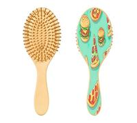 SKYSHU Pizza Hamburger - Cepillo de madera natural con cómodas cerdas de madera, desenredar y peinar, cepillo ovalado para mujeres, hombres y niños, todo tipo de cabello (cabello seco y dañado)