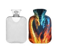 SKYSHU Water Fire Dragon - Botella de agua caliente transparente a prueba de fugas de 1 litro, lavable, resistente al calor, con funda de felpa suave para calambres menstruales, alivio del dolor de