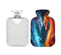 SKYSHU Water Fire Dragon - Botella de agua caliente transparente a prueba de fugas de 1 litro, lavable, resistente al calor, con funda de felpa suave para calambres menstruales, alivio del dolor de