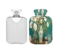 SKYSHU White Roses - Bolsa de agua caliente transparente a prueba de fugas de 2 l, lavable, resistente al calor, con funda de felpa suave para calambres menstruales, alivio del dolor de cuello y