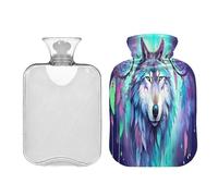 SKYSHU Wolf - Botella de agua caliente transparente a prueba de fugas de 1 litro, lavable, resistente al calor, con funda de felpa suave para calambres menstruales, alivio del dolor de cuello y