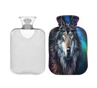 SKYSHU Wolf - Botella de agua caliente transparente a prueba de fugas de 1 litro, lavable, resistente al calor, con funda de felpa suave para calambres menstruales, alivio del dolor de cuello y