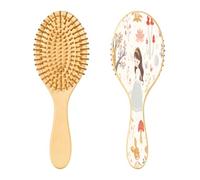 SKYSHU Woodland Animal - Cepillo de pelo de madera natural con cómodas cerdas de madera, cepillo ovalado para desenredar y peinar para mujeres, hombres y niños, todo tipo de cabello (cabello seco y