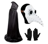 Skystuff Máscara de médico de la peste,pico de pájaro de nariz larga de Halloween,máscara de pico de pájaros de látex steampunk con guantes y capa negra con capucha,disfraz de médico de la peste