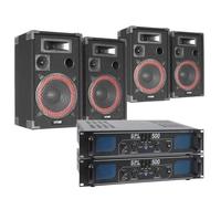 Skytec - Sistema de sonido de 1000W con 4 altavoces incluidos | 2 amplificadores de 500W, cables de 10 metros, conexión para teléfono, portátil y MP3, para eventos y locales comerciales
