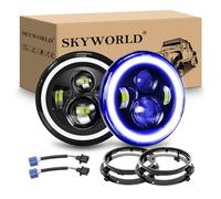 SKYWORLD 2x 7 Pulgadas 50W Redondo Faro Led y Soporte Montaje, Blanco Azul | Azul Halo, Señal de Giro, Luz Alta/Baja, DRL para Wrangler JK TJ LJ CJ JP Humm-er, Adaptadores H4 y H13 incluidos