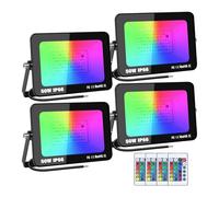 SKYWORLD Juego de 4 Luces LED Inundación RGBW 50W Exterior, Control Remoto, IP66 Impermeable, 6000K Multicolor para Halloween, Fiestas, Jardín, Eventos