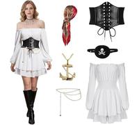 SKYYUE Disfraz Pirata Mujer Vestido de Pirata Blanco Vestido Piratas Mujer Renacentista con Cinturón, Bandana, Collar, Parche de Ojo y Cadena de Cintura para Halloween Carnaval Fiesta Cosplay (M)