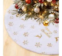 SKYYUE Falda Árbol de Navidad Blanco, 115cm Alfombra Blanca Arbol de Navidad, Cubre Pie Árbol de Navidads con Alce Dorado, Copo de Nieve Lentejuelas, Tapete Arbol de Navidads para Fiesta Navideña