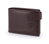 SL Benfica Cartera de Piel y Carbono, 10,5x7,5x2 cm. Monedero, Múltiples ranuras para tarjetas y solapa con ventana para documentos fotográficos. Compartimento para billetes, marrón, 10,5 x 7,5 x 2