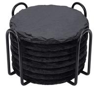 Slate Drink Coasters with Metal Holder, GOH DODD 4 Inch 8 Pieces Black Stone Coasters Blank Coaster Set Decor Tabletop Protection for Home Office Kit