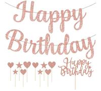 SLAXJNE 1 Pieza De Bandera para Fiesta De Cumpleaños Y Juego De 11 Insertos para Pastel De Cumpleaños, Pancarta De Feliz Cumpleaños, Decoración De Oro Rosa, Decoraciones para Pasteles