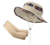 SLAXJNE 1 Sombrero Para El Sol, 1 Par De Mangas, Sombrero De Pescador De Estilo Étnico Con Cordón Ajustable, Sombrero De Pescador Desgastado Lavado, Conjunto De Protección Solar Para Exteriores