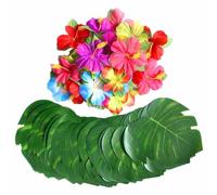 SLAXJNE 60 Piezas Decoraciones para Fiestas Tropicales y Hawaianas - Palmeras, Mesa y Flores De Hibisco