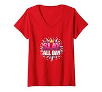 Slay All Day: Empoderando el diseño de la Corona para la Confianza Camiseta Cuello V, Mujer, Rojo, M