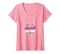 Slay All Day: Empoderando el diseño de la Corona para la Confianza Camiseta Cuello V, Mujer, Rosado, XXL
