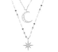 SLCHJX 925 Plata Doble Capa Star Moon Collar de Cadena de clavícula Brillante para Mujeres Collar de circón cúbico Plata