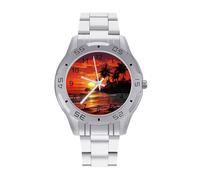 Sl usiness Steel Band Tropical Sunset reloj impreso para hombre: elegante reloj de pulsera analógico de cuarzo, ligero y cómodo