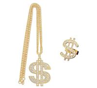 SLEEKEE 1 collar de dólar, 1 anillo, collar de signo de dólar y anillos, cadena de oro hip hop, colgante de payaso, colgante de símbolo de efectivo, cadena de oro, accesorios de joyería rapero.,