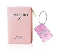 SLEEKEE 1 funda para pasaporte con 1 etiqueta de equipaje, funda protectora para pasaporte de viaje, portátil, funda para pasaporte para hombre y mujer, color rosa, bolsa de almacenamiento para