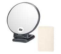 SLEEKEE 1 lupa de mano, 1 paño de limpieza de lentes, espejo de maquillaje de doble cara con 15 aumentos, espejo de viaje plegable para maquillaje y cuidado facial (negro, 15 compartimentos)