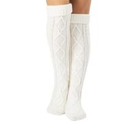 SLEEKEE 1 Par de Calcetines Sobre la Rodilla, Pantuflas de Punto Para Mujer, Interior y Exterior, Diseño de Rombos, Gruesos de Invierno (Blanco)