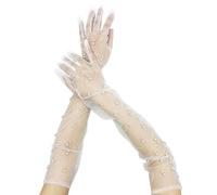 SLEEKEE 1 par de guantes de perlas, guantes largos de tul de perlas, guantes de encaje para mujer, guantes de novia blancos para mujeres, novias, niñas., Blanco, 55
