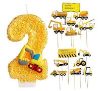 SLEEKEE 1 Vela De Excavadora con Lentejuelas Y 14 Piezas De Placa De Inserción para Camión De Construcción, Vela Número 2, Decoración De Cumpleaños Infantil, Decoración De Tartas