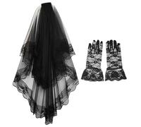 SLEEKEE 1 velo de encaje negro y 1 par de guantes de encaje gótico, velo de novia negro de Halloween, adecuado para decoraciones navideñas y fotos., Negro , 60cm-80cm