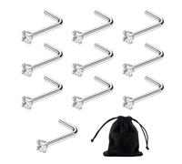 SLEEKEE 10 pendientes de nariz de cristal transparente, 1 bolsa de terciopelo, pendientes perforados para la nariz, de plata de ley, con microcristal, en forma de L, pendientes plateados (0,8 mm)