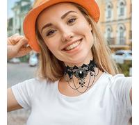 SLEEKEE 2 Cadenas De Clavícula De Estilo Gótico Y 2 Cadenas Cruzadas, Joyas Retro Punk, Diseño De Encaje Negro, Aptas para Juegos De rol.