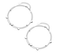 SLEEKEE 2 Pulseras De Plata con Forma De Corazón, Pulseras De Plata En Capas, Pulseras De Plata Simples, Pulseras De Moda para Mujer, Pulseras De Amistad para Niñas, Adecuadas para Mujeres Y Niñas.