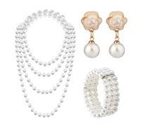 SLEEKEE 3 piezas de joyas de perlas, collar de perlas, pulsera y pendientes, accesorios vintage de perlas sintéticas, pendientes de moda para mujer, regalo de cumpleaños para niñas, 180cm, Sliber