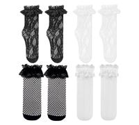 SLEEKEE 4 pares de calcetines de encaje plisados para mujer, calcetines elásticos para pantorrilla, calcetines de malla hueca (negro, blanco), negro, blanco, Talla única